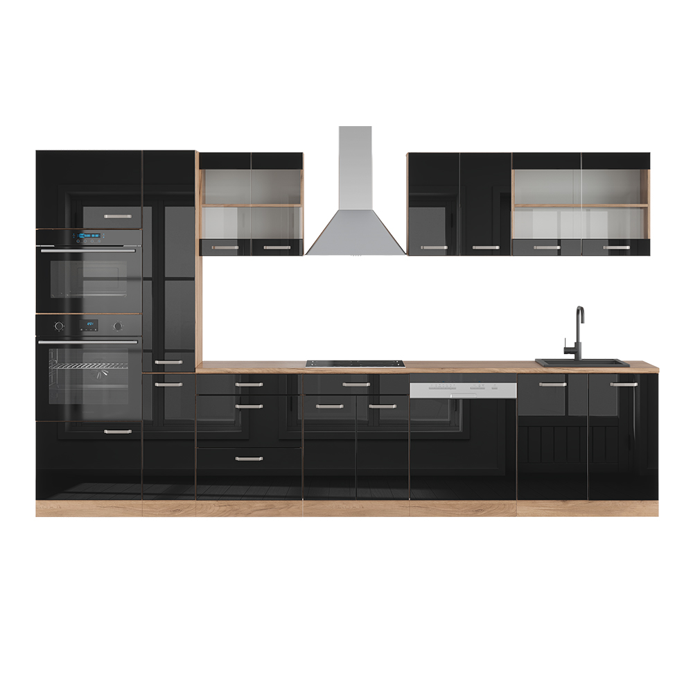 Image of Vicco Cucina componibile Nero lucido 350 cm con armadio alto, PL Rovere