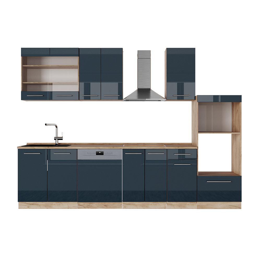 Image of Vicco Cucina componibile Blu scuro lucido/rovere dorato 300 cm con armadio alto, PL Rovere
