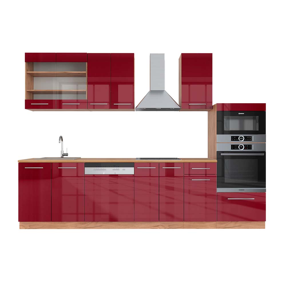 Image of Vicco Cucina componibile Bordeaux lucido/rovere dorato 300 cm con armadio alto, PL Rovere