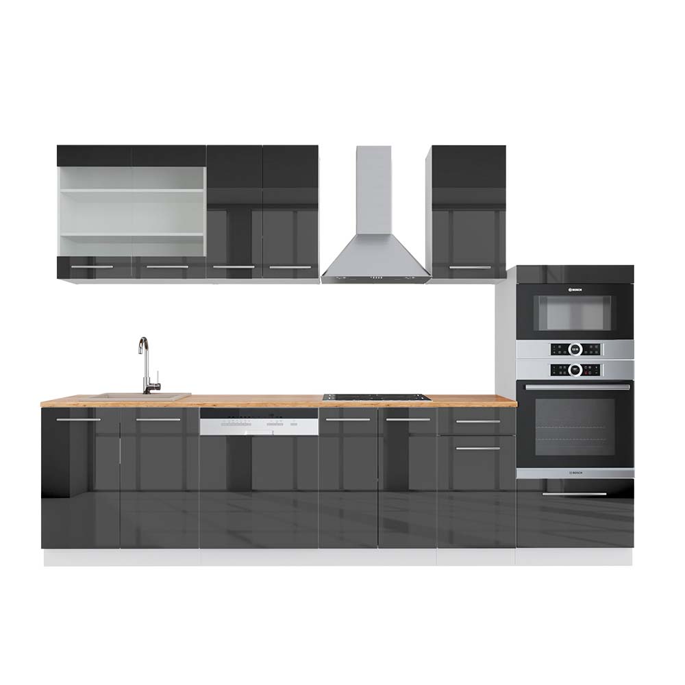 Image of Vicco Cucina componibile Antracite lucido/bianco 300 cm con armadio alto, PL Rovere