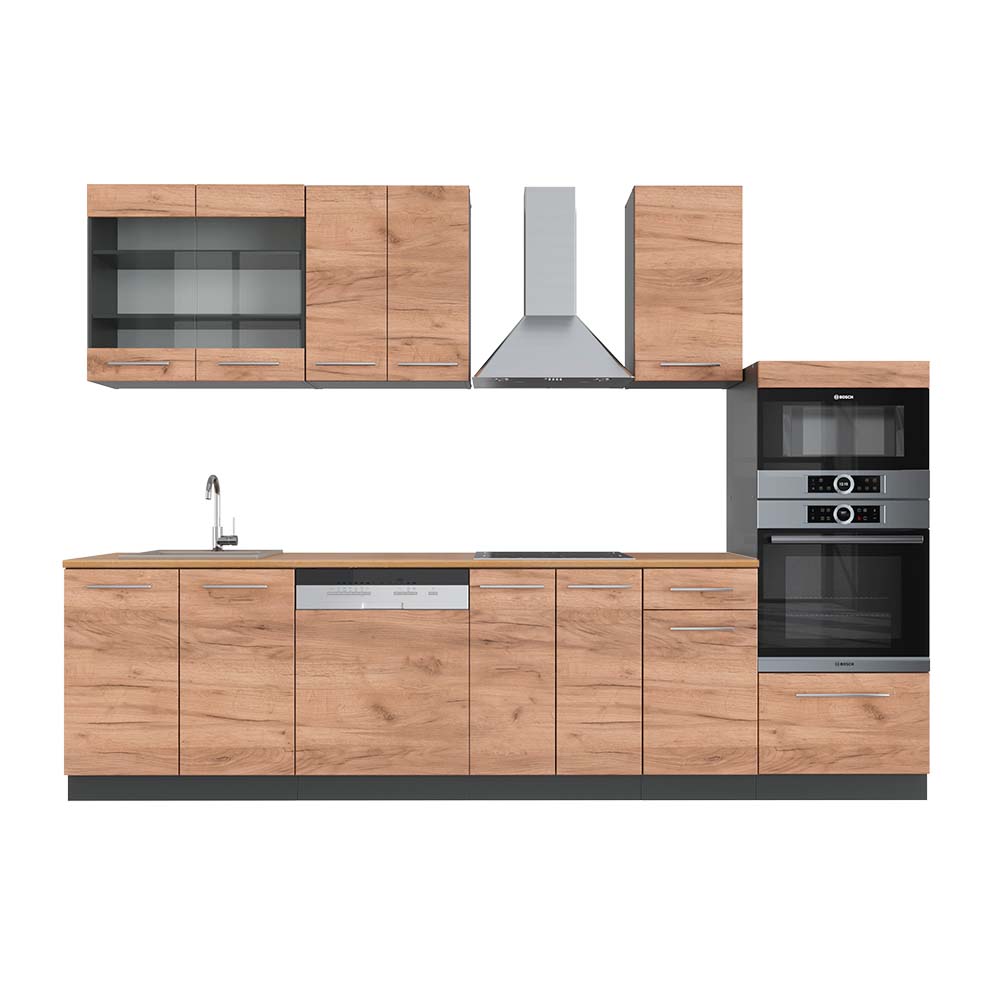 Image of Vicco Cucina componibile Quercia dorata/antracite 300 cm con armadio alto, PL Rovere