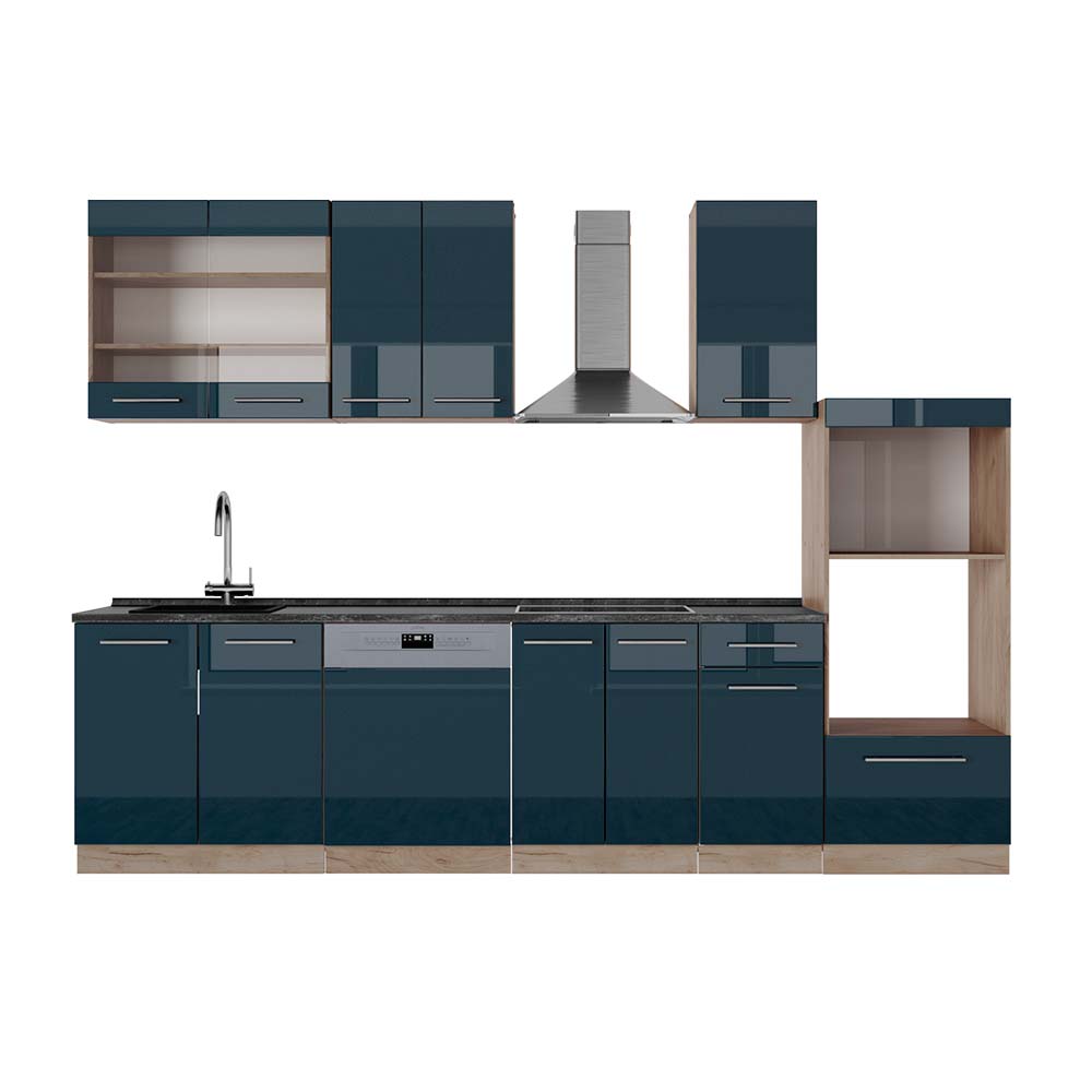 Image of Vicco Cucina componibile Blu scuro lucido/rovere dorato 300 cm con armadio alto, PL Antracite