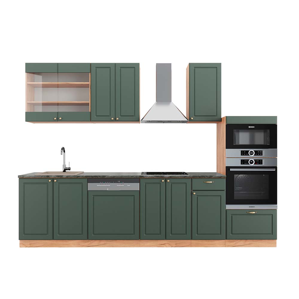 Image of Vicco Cucina componibile Quercia verde-oro Country/oro Power 300 cm con armadio alto, PL Antracite