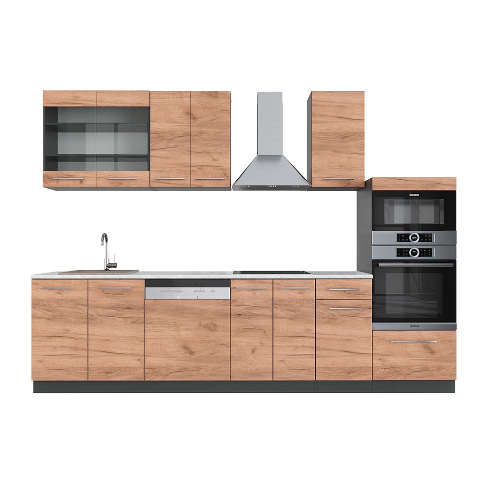 Image of Vicco Cucina componibile Quercia dorata/antracite 300 cm con armadio alto, PL Marmo