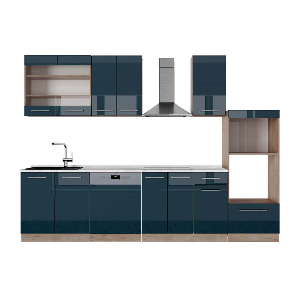 Image of Vicco Cucina componibile Blu scuro lucido/rovere dorato 300 cm con armadio alto, PL Marmo