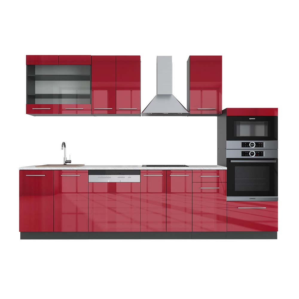 Image of Vicco Cucina componibile Bordeaux lucido/antracite 300 cm con armadio alto, PL Marmo