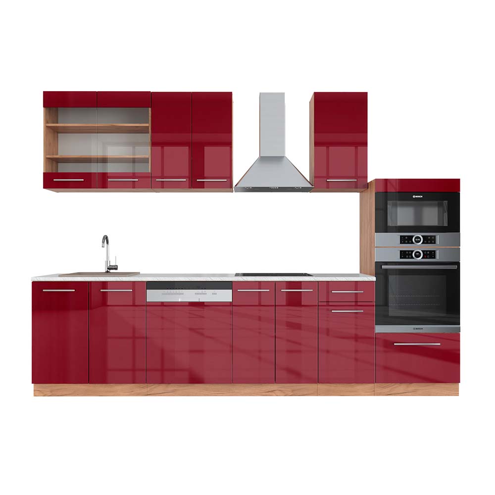 Image of Vicco Cucina componibile Bordeaux lucido/rovere dorato 300 cm con armadio alto, PL Marmo