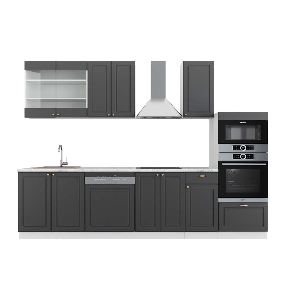 Image of Vicco Cucina componibile Antracite-Oro/Bianco 300 cm con armadio alto, PL Marmo