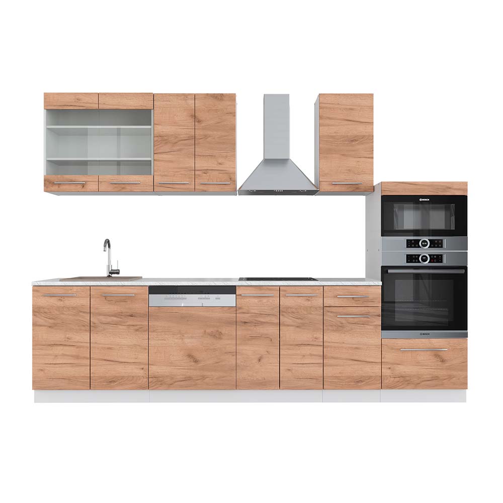 Image of Vicco Cucina componibile Quercia dorata/bianco 300 cm con armadio alto, PL Marmo