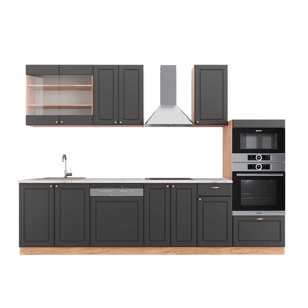 Image of Vicco Cucina componibile Antracite Country House/oro Kraft Oak 300 cm con armadio alto, PL Marmo