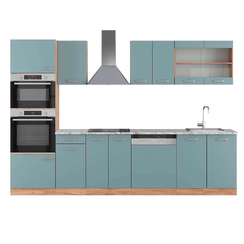 Image of Vicco Cucina componibile Rovere blu-grigio/oro 300 cm con armadio alto, PL Marmo