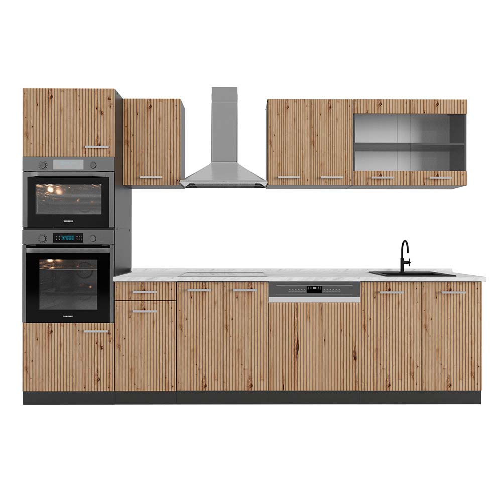 Image of Vicco Cucina componibile Rovere artigianale/antracite 300 cm con armadio alto, PL Marmo