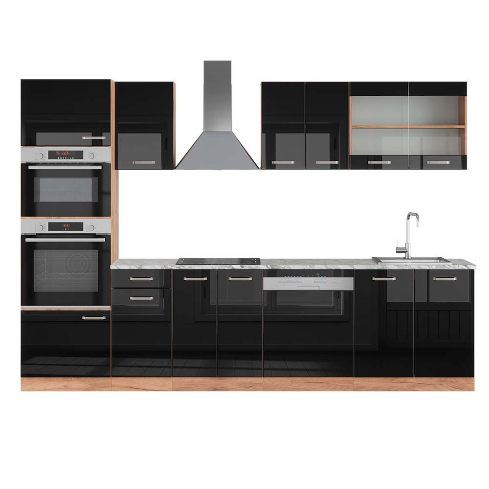 Image of Vicco Cucina componibile Rovere nero/oro lucido 300 cm con armadio alto, PL Marmo