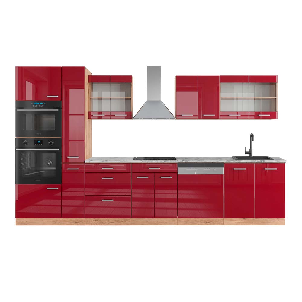 Image of Vicco Cucina componibile Bordeaux lucido/rovere dorato 350 cm con armadio alto, PL Marmo