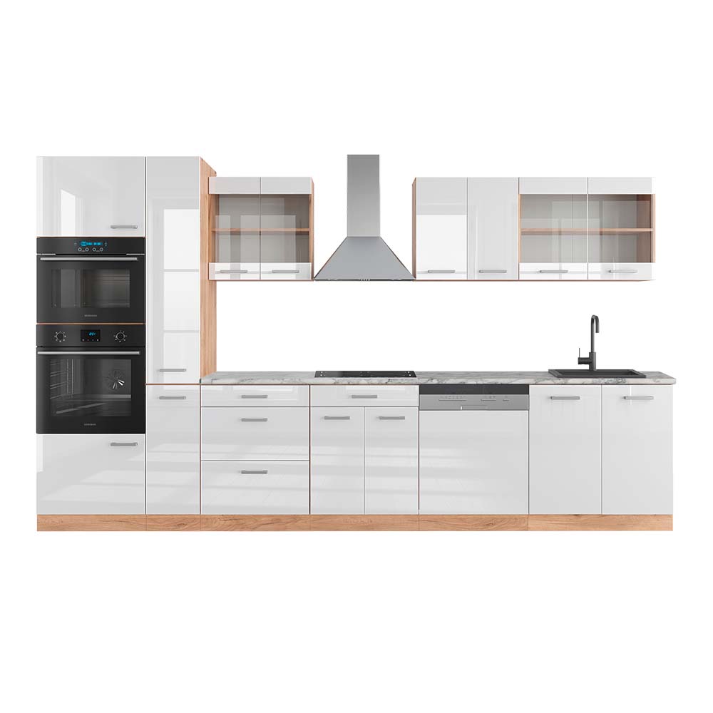 Image of Vicco Cucina componibile Bianco lucido/oro power oak 350 cm con armadio alto, PL Marmo