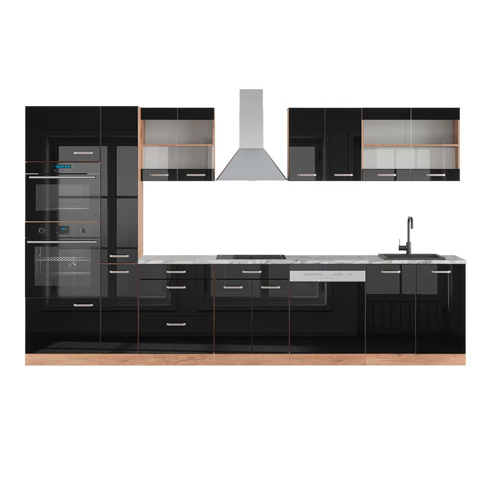 Image of Vicco Cucina componibile Rovere nero lucido/oro power oak 350 cm con armadio alto, PL Marmo