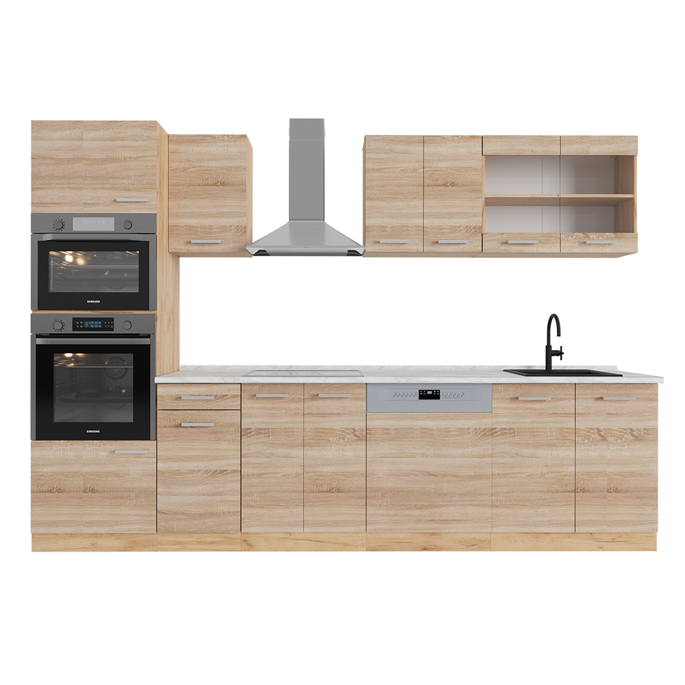 Image of Vicco Cucina componibile Rovere Sonoma/orokraft 300 cm con armadio alto, PL Marmo