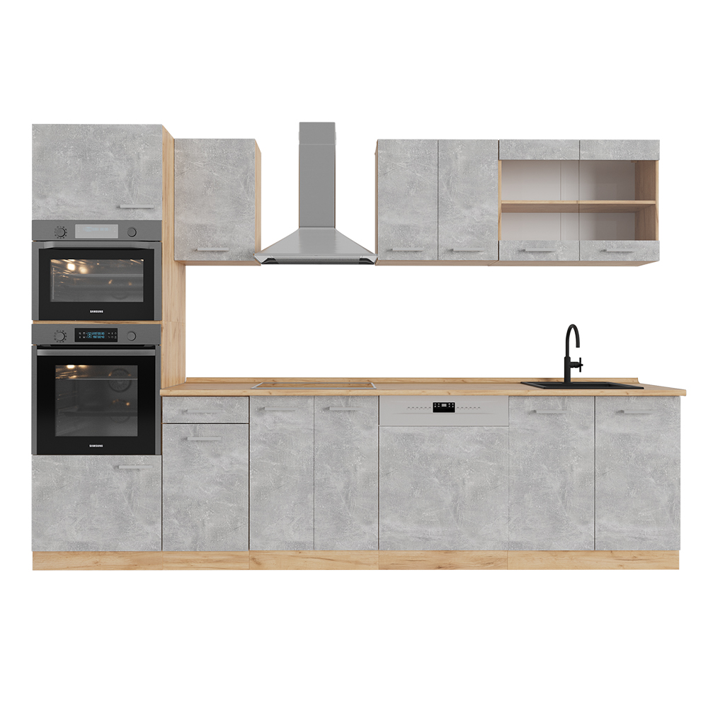 Image of Vicco Cucina componibile Calcestruzzo/quercia dorata 300 cm con armadio alto, senza piano di lavoro