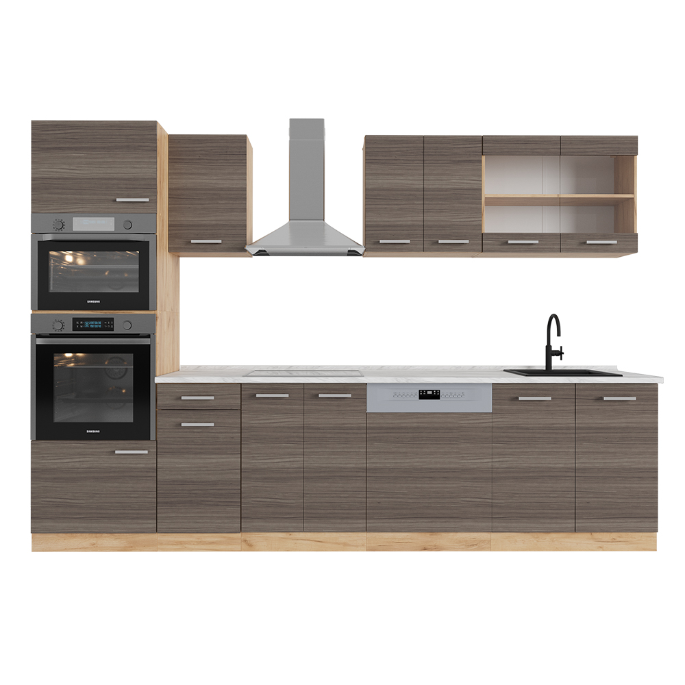 Image of Vicco Cucina componibile Grigio nobile/rovere dorato 300 cm con armadio alto, PL Marmo