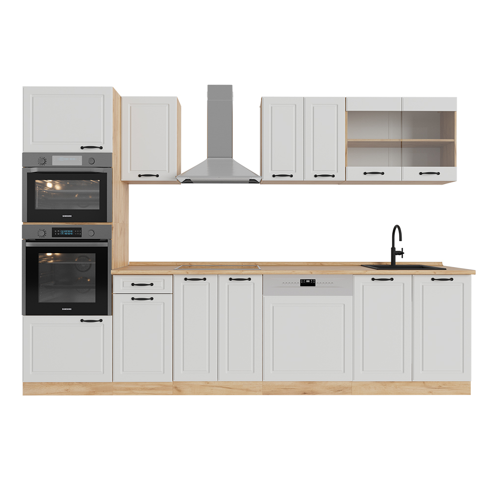 Image of Vicco Cucina componibile Casa di campagna bianca/quercia dorata 300 cm con armadio alto, senza piano di lavoro