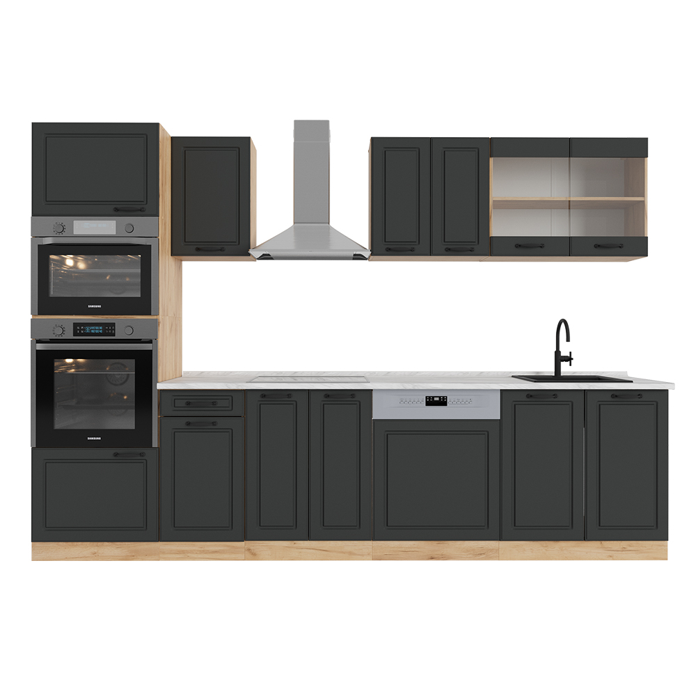 Image of Vicco Cucina componibile Antracite casa di campagna/rovere dorato 300 cm con armadio alto, PL Marmo