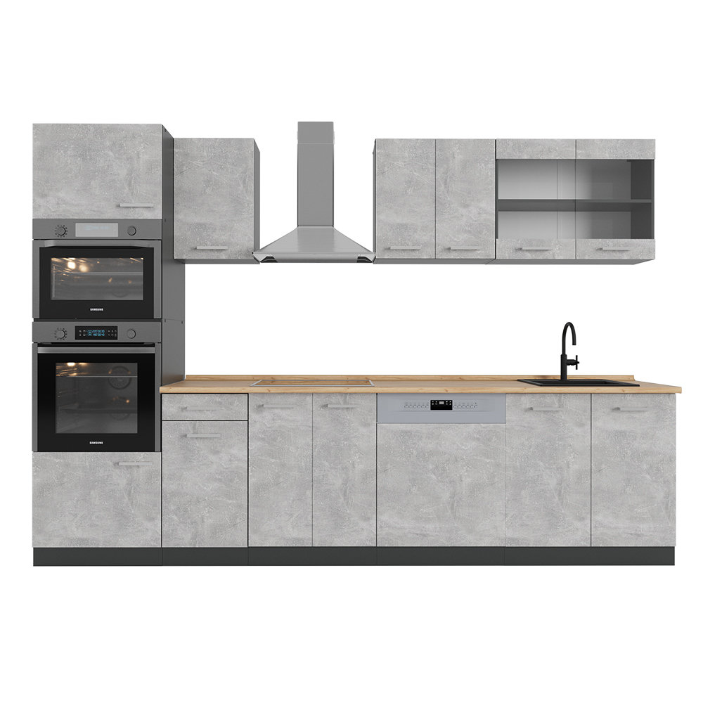 Image of Vicco Cucina componibile Calcestruzzo/antracite 300 cm con armadio alto, PL Rovere