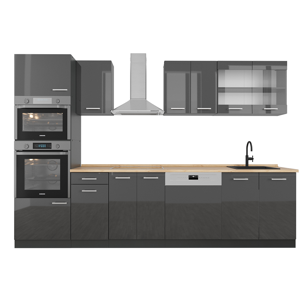 Image of Vicco Cucina componibile Antracite lucido/antracite 300 cm con armadio alto, PL Rovere