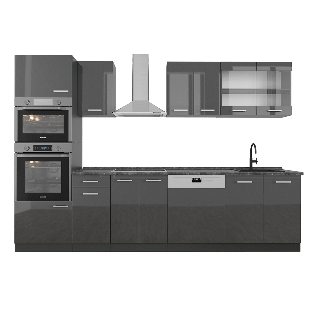 Image of Vicco Cucina componibile Antracite lucido/antracite 300 cm con armadio alto, PL Antracite