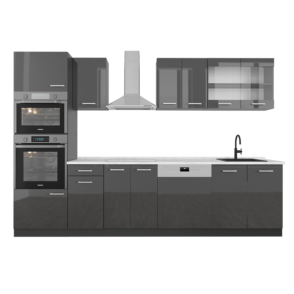 Image of Vicco Cucina componibile Antracite lucido/antracite 300 cm con armadio alto, PL Marmo