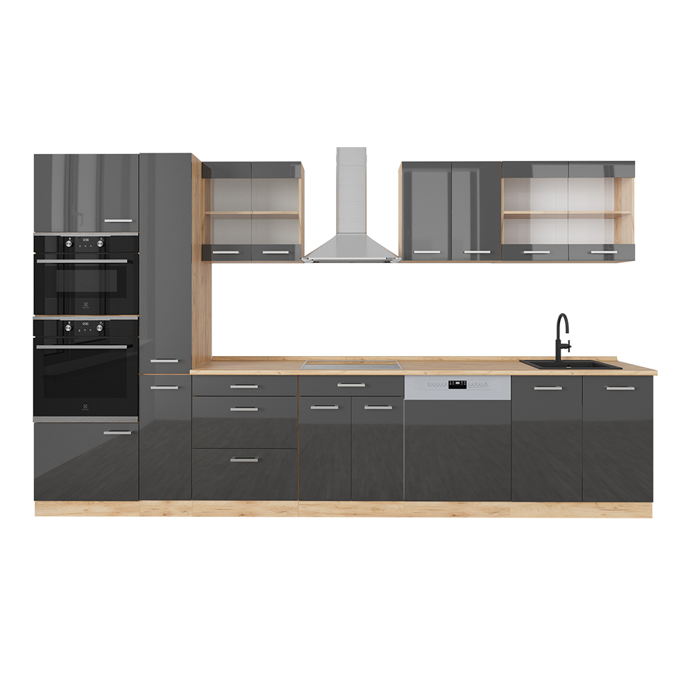Image of Vicco Cucina componibile Antracite lucido/oro power oak 350 cm con armadio alto, PL Rovere