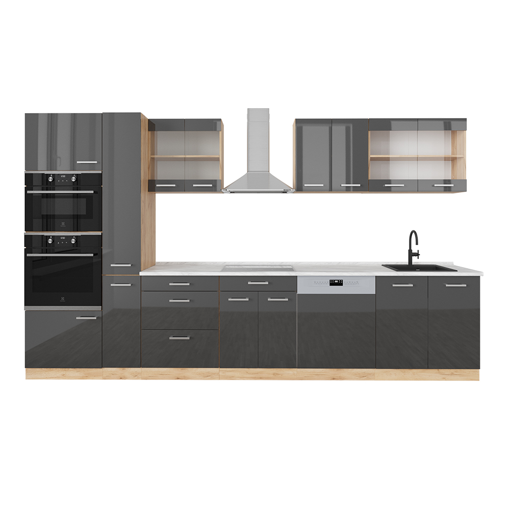 Image of Vicco Cucina componibile Antracite lucido/oro power oak 350 cm con armadio alto, PL Marmo