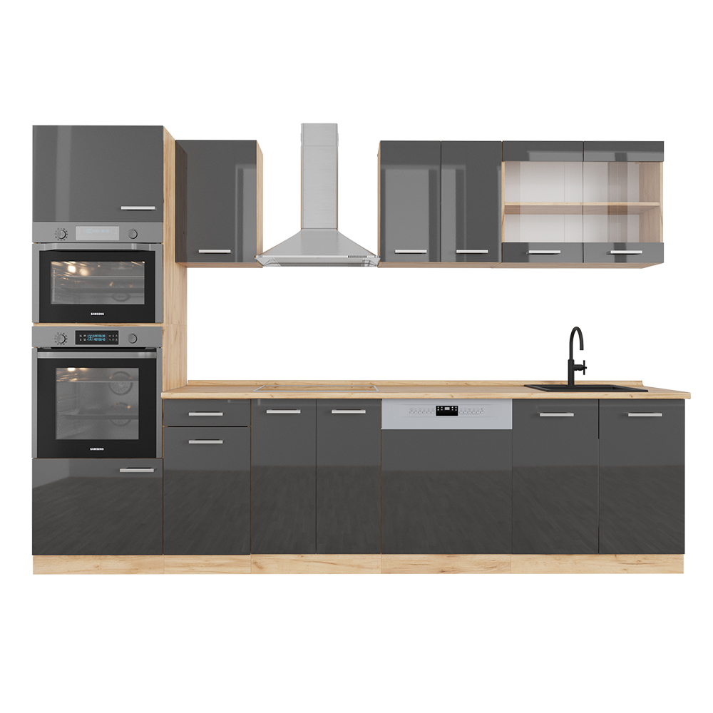 Image of Vicco Cucina componibile Antracite lucido/oro power oak 300 cm con armadio alto, senza piano di lavoro