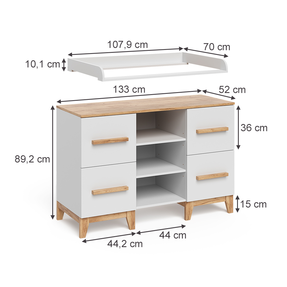 Verschoontafel in Wit/Kunstnijverheid on white background with visible dimensions