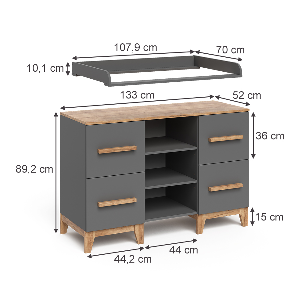 Wickelkommode in Grau/Artisan auf weißem Hintergrund mit sichtbaren Maßen