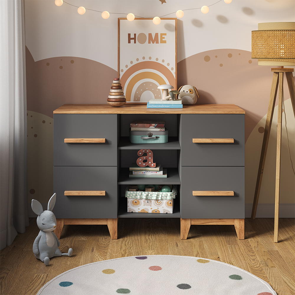 Nahaufnahme von Wickelkommode in Grau/Artisan, zeigt Design- und Oberflächendetails