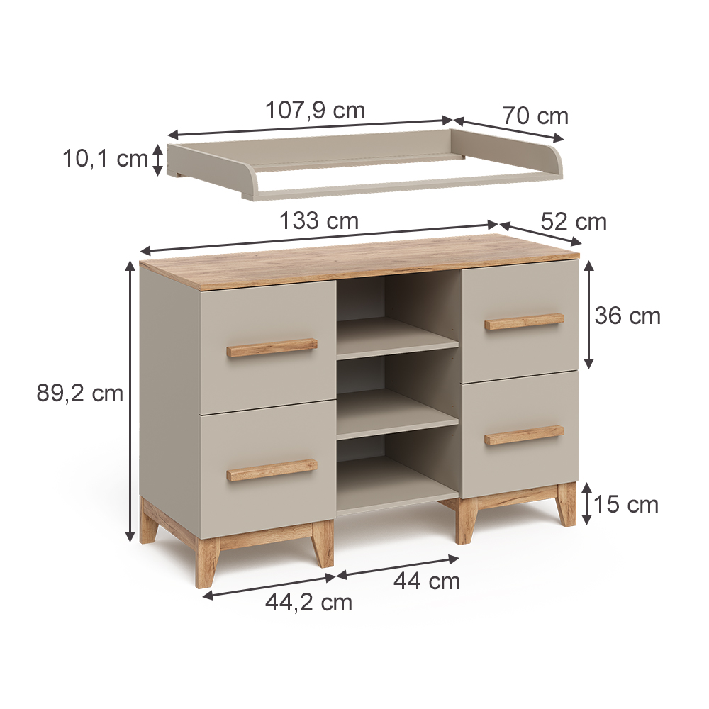 Wickelkommode in Cashmere/Artisan auf weißem Hintergrund mit sichtbaren Maßen