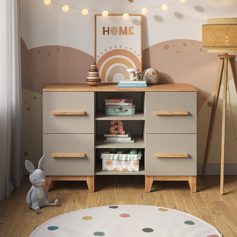 Nahaufnahme von Wickelkommode in Cashmere/Artisan, zeigt Design- und Oberflächendetails