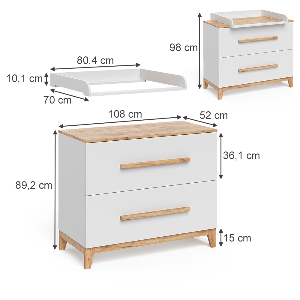 Wickelkommode in Weiß/Artisan auf weißem Hintergrund mit sichtbaren Maßen