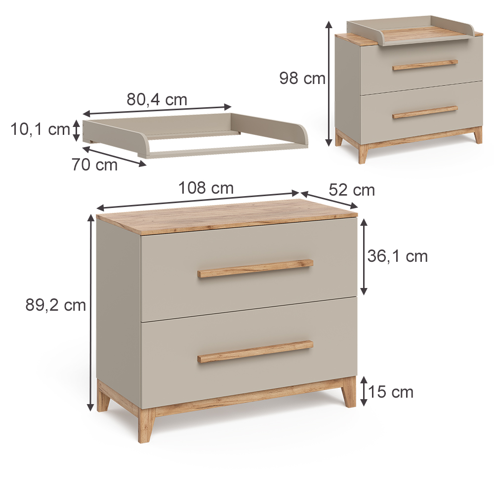 Wickelkommode in Cashmere/Artisan auf weißem Hintergrund mit sichtbaren Maßen