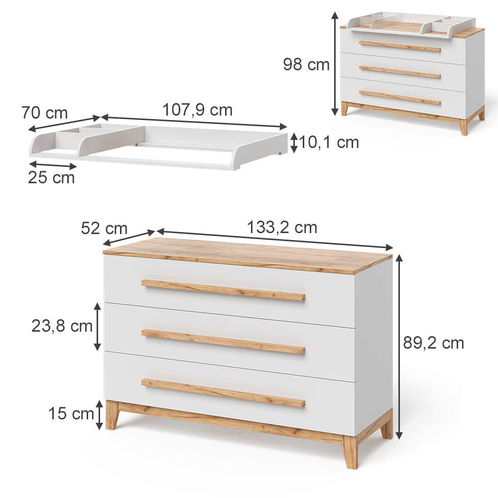 Wickelkommode in Weiß/Artisan auf weißem Hintergrund mit sichtbaren Maßen