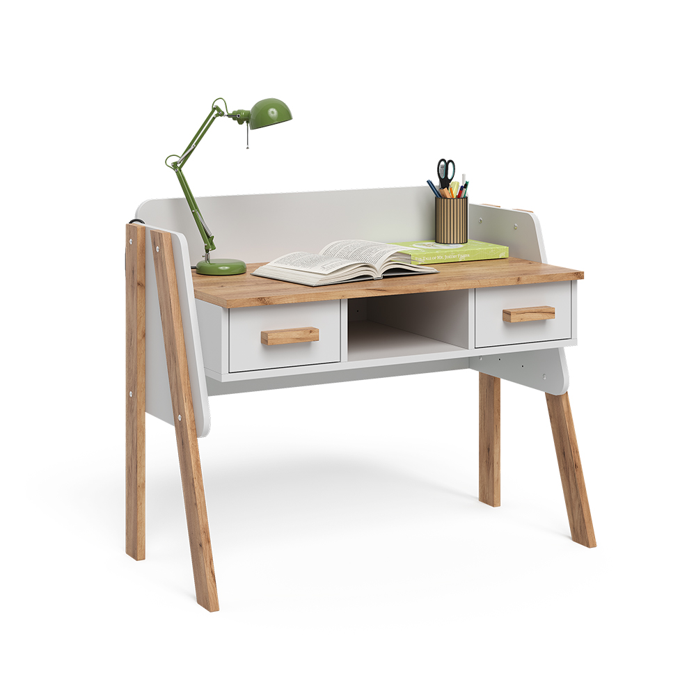 Bureau en Blanc/Artisan sur fond blanc avec des éléments décoratifs